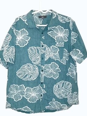 Men's Hawaiian Shirt Green Floral Button Up Large Tropical Camp Shirt
